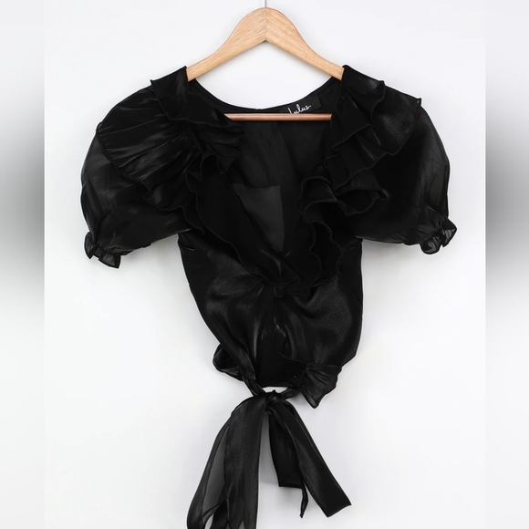 Lulus Tops - Lulu's‎ Master of Style Black Puff Sleeve Cropped Wrap Top XS Bow Sheer Goth